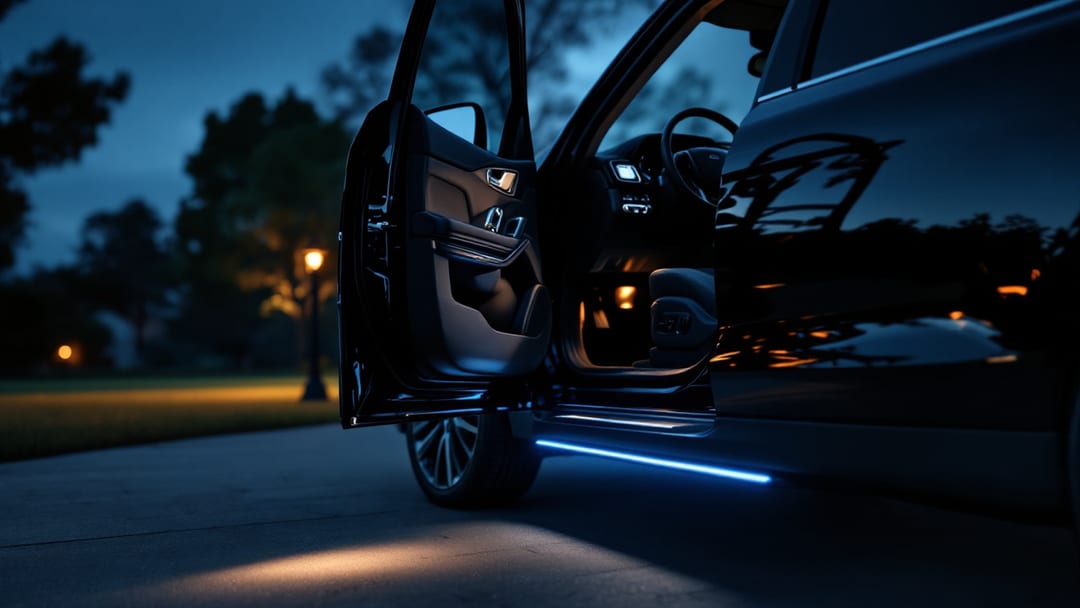Smart key de Cadillac Escalade sobre el estribo iluminado de una SUV grande negra en Crowley de noche