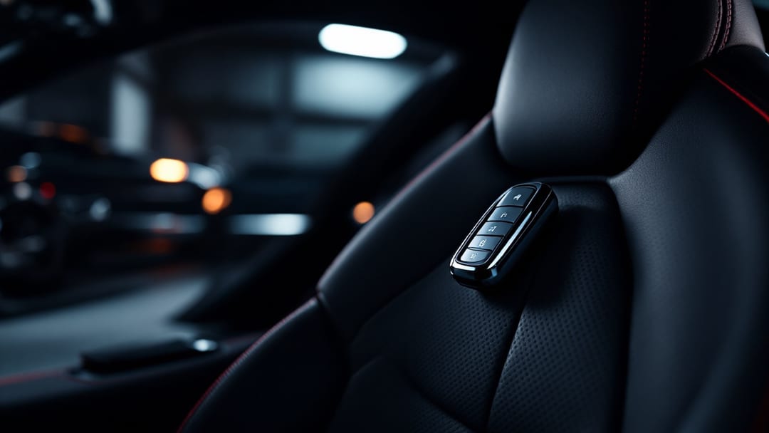 Llave inteligente de un muscle car americano sobre el asiento deportivo de piel de un cupé estacionado en un garaje de Crowley Texas