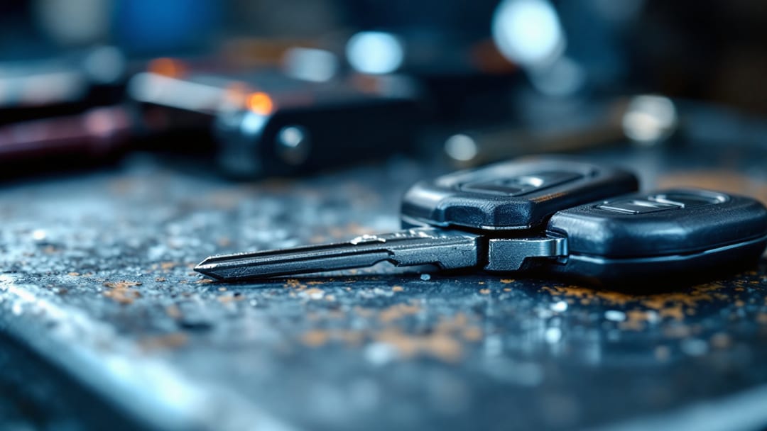 Llave de carro partida en dos mitades sobre una mesa de trabajo junto a una llave nueva sin cortar y una máquina de corte por código en Crowley Texas