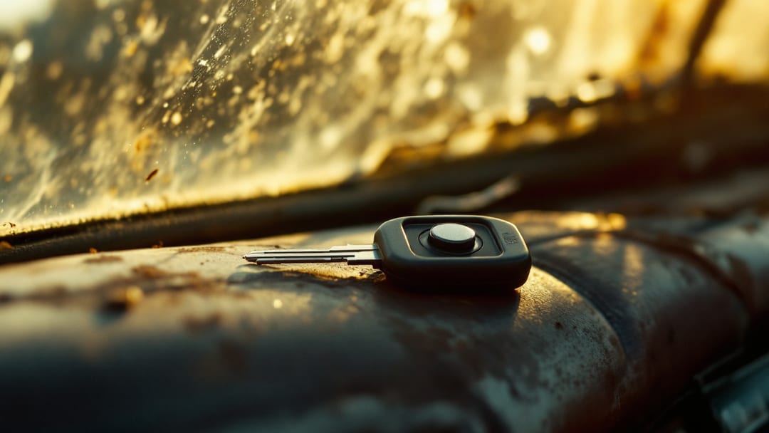 Llave metálica antigua con un pequeño resistor negro incrustado en la hoja, sobre el tablero desgastado de una camioneta americana de los años noventa en Crowley Texas