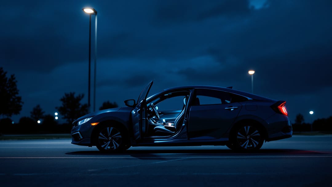 Llave inteligente de Honda Civic junto a un sedán compacto estacionado bajo una lámpara de estacionamiento en Crowley de noche