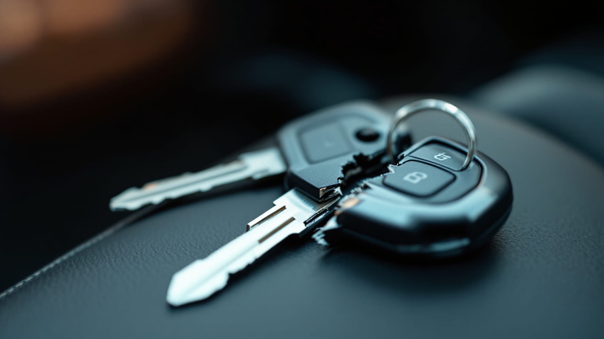 Mitad de una llave metálica rota sobre el asiento del conductor junto al cilindro de ignición de un carro en Crowley Texas