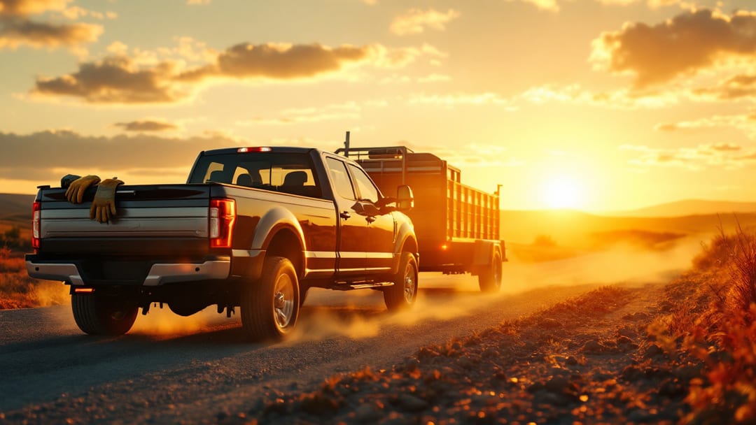 Camioneta pickup de trabajo pesado enganchada a un remolque de utilería en un lote de grava en Crowley Texas al atardecer