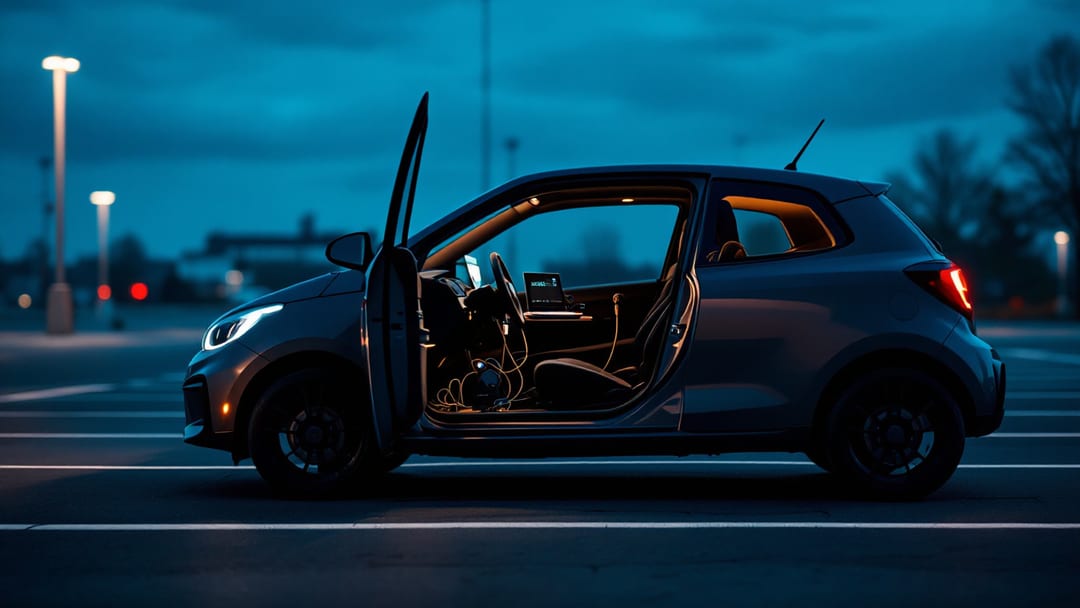 Hatchback compacto de forma cuadrada estacionado en un estacionamiento vacío al anochecer con la puerta abierta y equipo de programación sobre el asiento en Crowley Texas