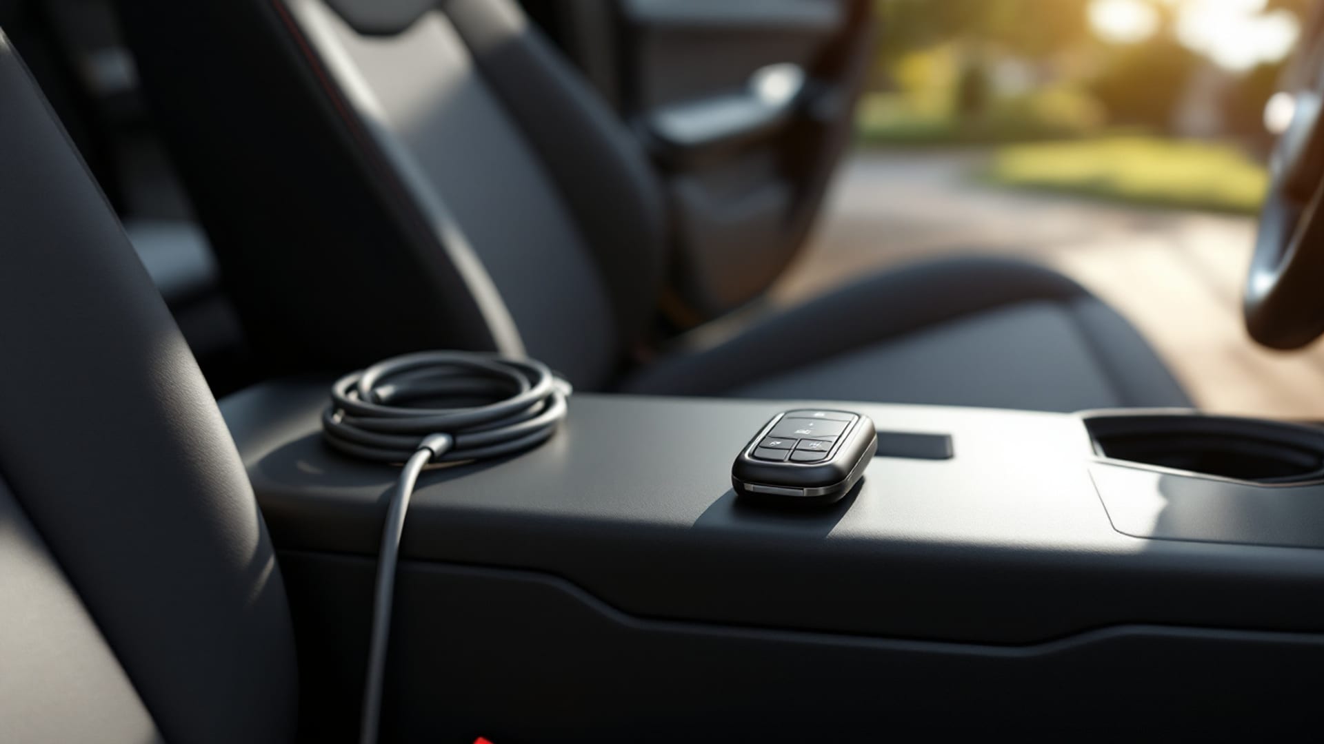 Control remoto de un carro eléctrico compacto sobre la consola central junto al cable de carga enrollado en Crowley Texas