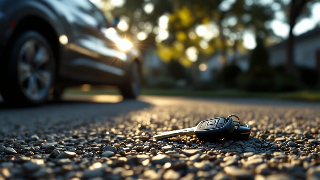SUV mediana americana de los años dos mil estacionada en una entrada residencial con dos llaves metálicas con cabeza de plástico sobre el asiento del conductor en Crowley Texas
