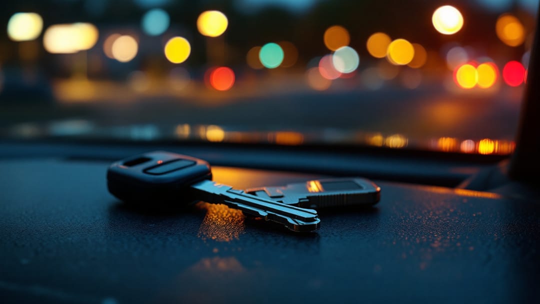 Llavero visible sobre el asiento del conductor de un carro con las puertas cerradas visto a través del vidrio en un estacionamiento al atardecer en Crowley Texas