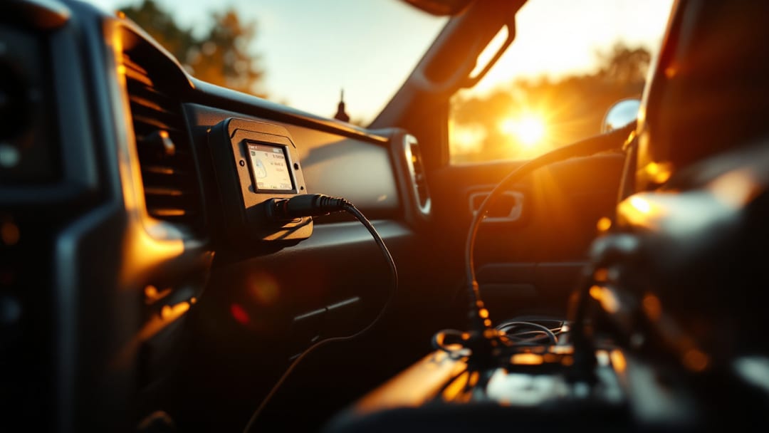 Pickup americana de tamaño completo estacionada al atardecer con la puerta del conductor abierta y una herramienta de diagnóstico conectada bajo el tablero en Crowley Texas