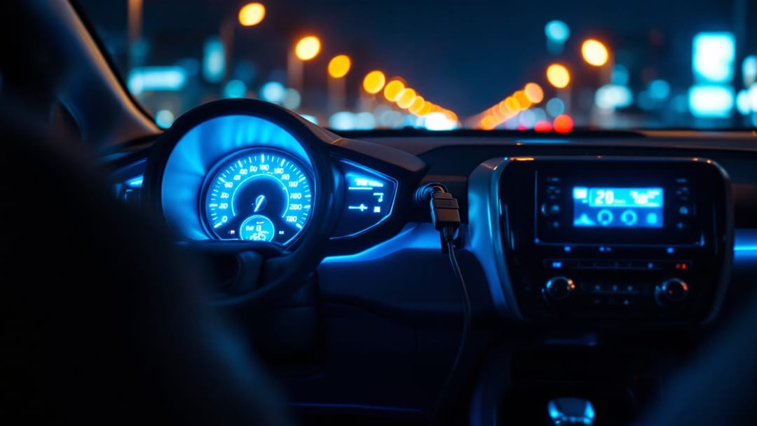 Hatchback compacto japonés con el tablero iluminado y un cable de diagnóstico conectado bajo la columna de dirección durante un trabajo de programación en Crowley Texas