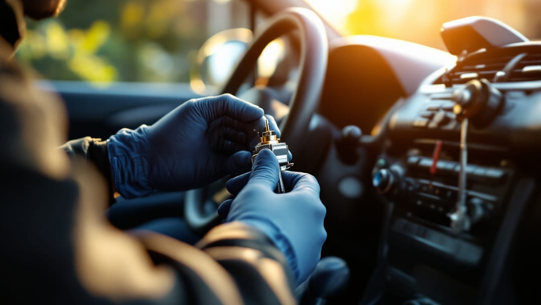 Manos de técnico retirando el cilindro de encendido de la columna de dirección de un carro compacto con herramientas ordenadas sobre el asiento en Crowley Texas